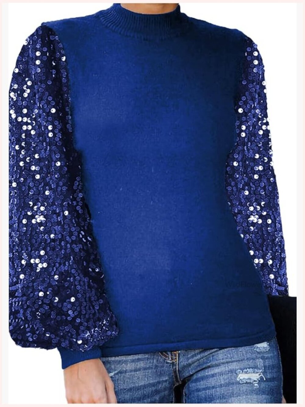 Women's Sequin Balloon Sleeve Mock Neck Pullover Sweatshirt Top